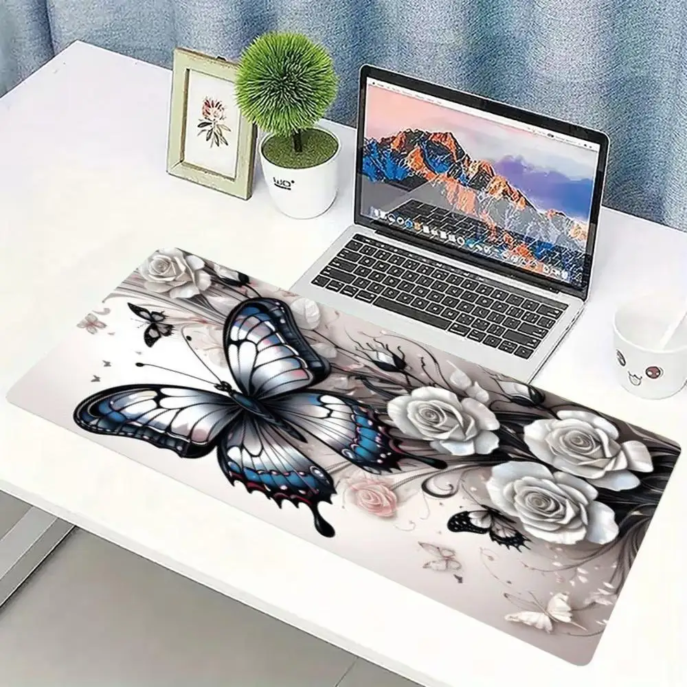Pink Rose Black Butterfly Large Desk Mat Non Slip Stitched Edge Aesthetic Gaming Mouse Pad for Laptop Office Gaming view 2