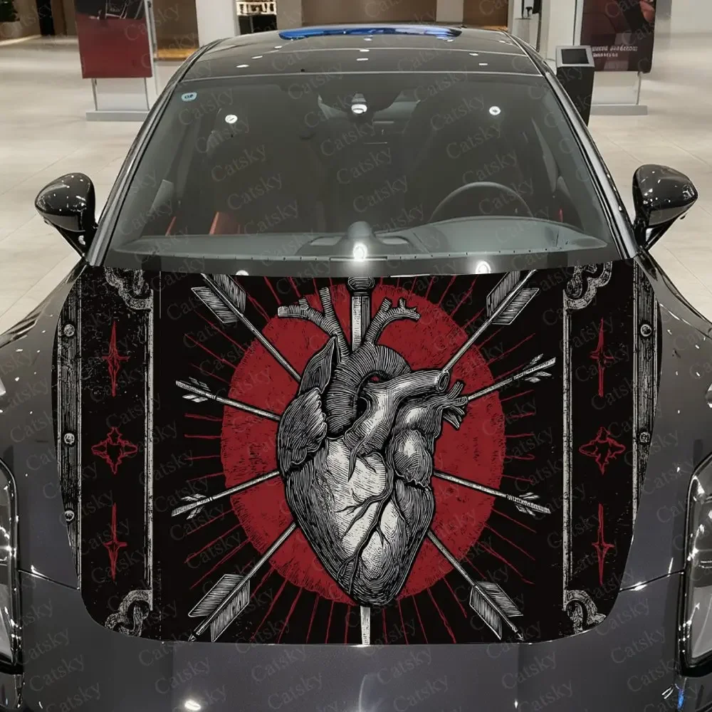Red Radiance Heart Vein Arrows Car Vinyl Wrap, PVC Waterproof Car Hood Sticker, Self-Adhesive Scratch-Resistant Stickers