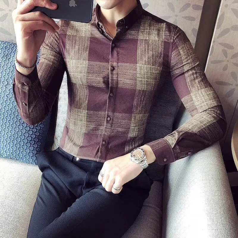 

Men's Casual Square Neck Button Spring and Autumn Fashion England Printed Plaid Long Sleeved Slim Business Cardigan Shirt Tops