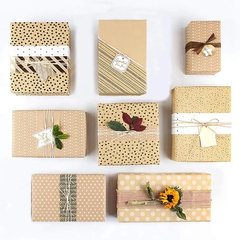 Kraft Wrapping Paper Set,12 Sheets Brown Gift Wrap Paper Multi Pattern Lattice Wave Dot Stripe For Holiday Wedding Wrap
