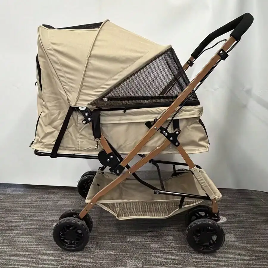 One-Click Folding Pet Travel Stroller, 4 Wheels Lightweight Dog Cat Trolley With Breathable Mesh And Storage Basket For Outdoor
