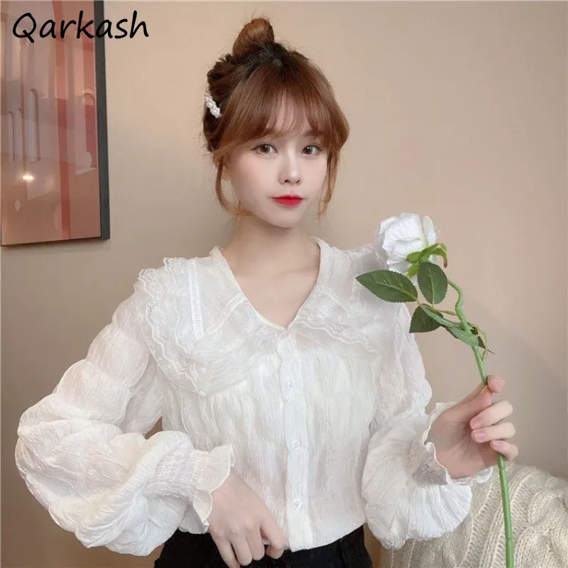 Sweet Peter Pan Collar Shirts for Women Fashion Girls Lolita Basic Long Sleeve Tops Autumn Tender Feminine Aesthetic Clothing