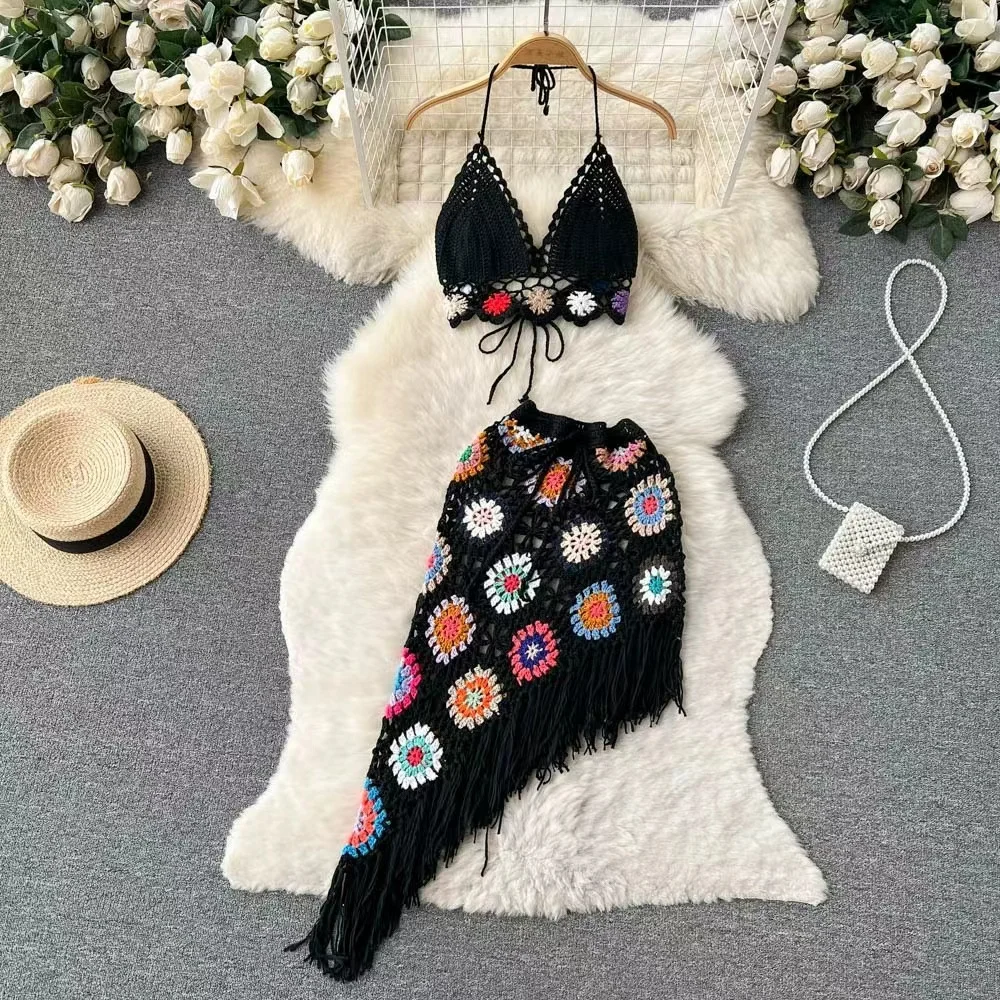 Women Tassel Sexy Tanks Crop Tops Bikinis Knitted Crochet Swimming Swimwear Bead Work Beachwear Camisole Women Hollow Out Skirt