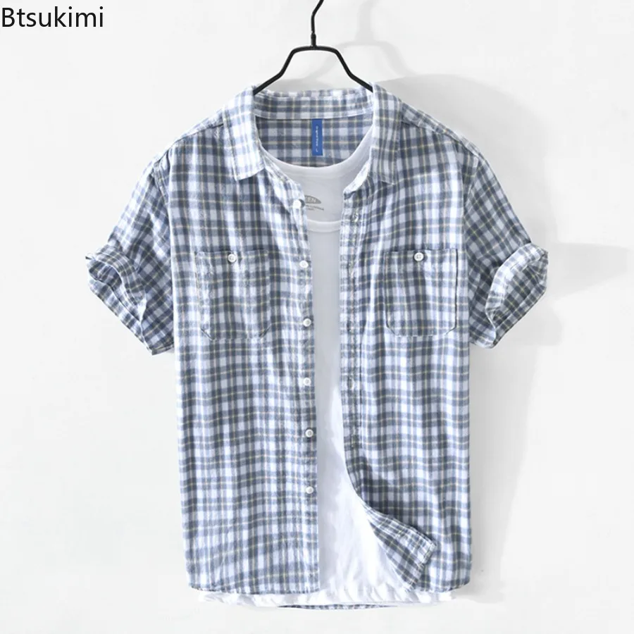 

High Quality 100% Cotton Short Sleeve Shirts for Men Spring Summer New Casual Lapel Shirt Coats Vintage Plaid Male Cardigan Tops
