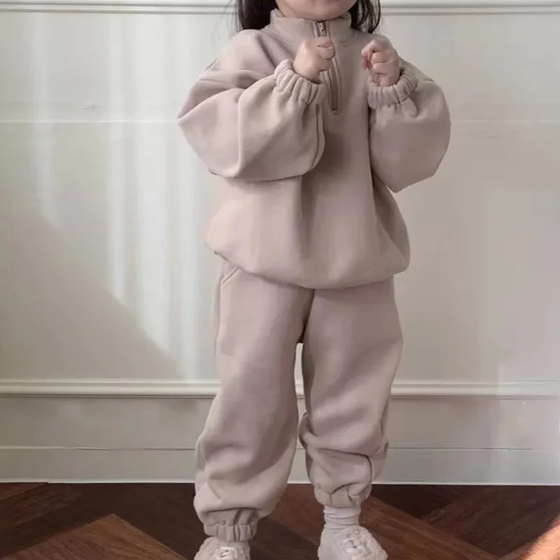 Kinder Set Jungen Mädchen Herbst Winter Neue Koreanische Zipper Einsatz Bewegung Samt Verdickung Hoodie Kausalen Zwei Stück