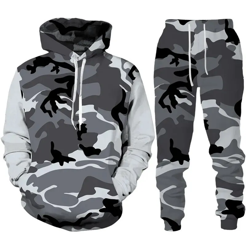 Hoodie kamuflase gambar 3D, pakaian olahraga untuk pria, Hoodie + celana, Set 2 potong, pakaian kebugaran luar ruangan, pakaian olahraga kasual pria