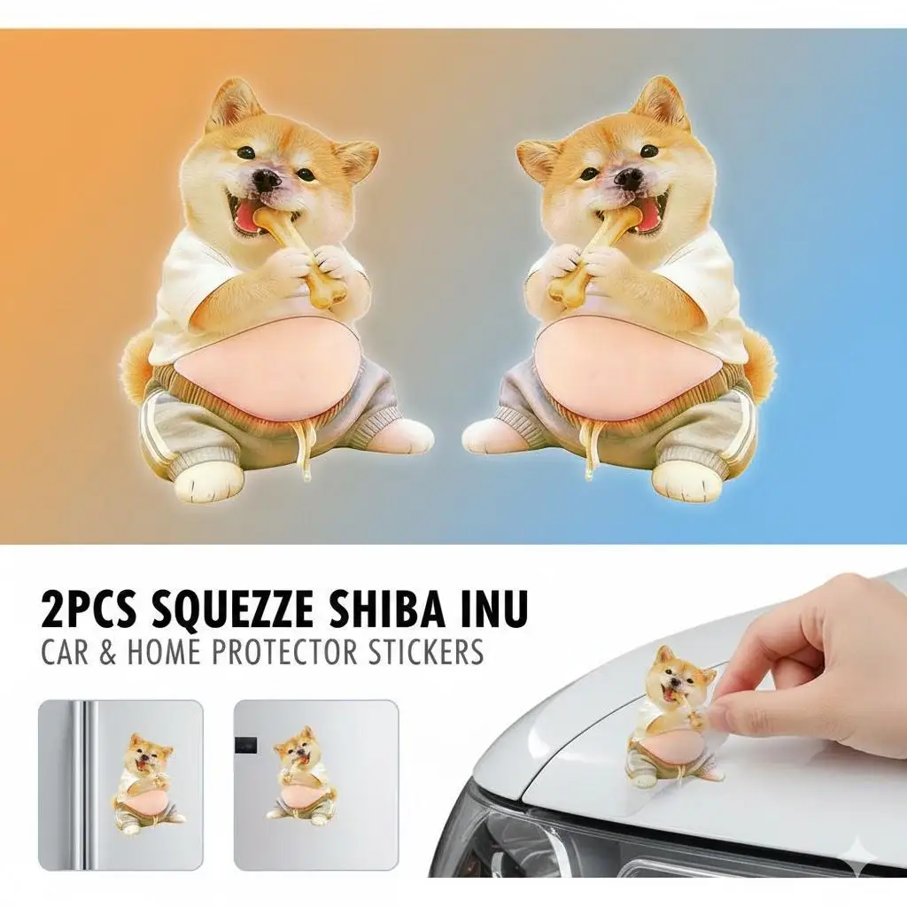 2PCS 3D Kawaii Shiba Inu Sticker Soft Silicone Dog Belly Anti-collision Decal For Car Door Fridge Phone Stress Relief