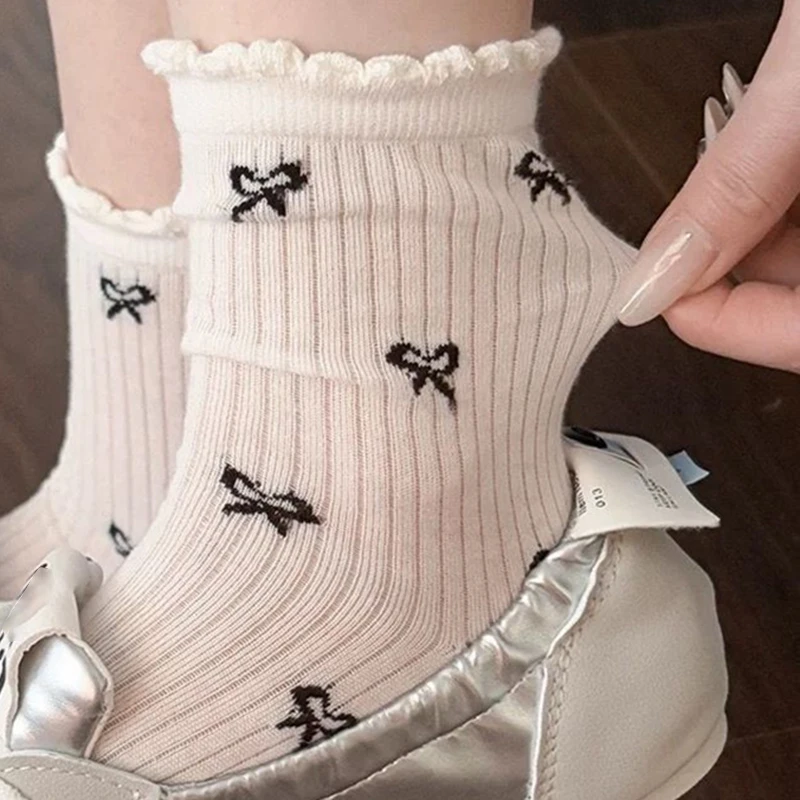 10 Pairs Women Solid Color Mid Tube Socks Fashionable Butterfly Knot Print Spring Summer Thin Korean version Stacking Socks