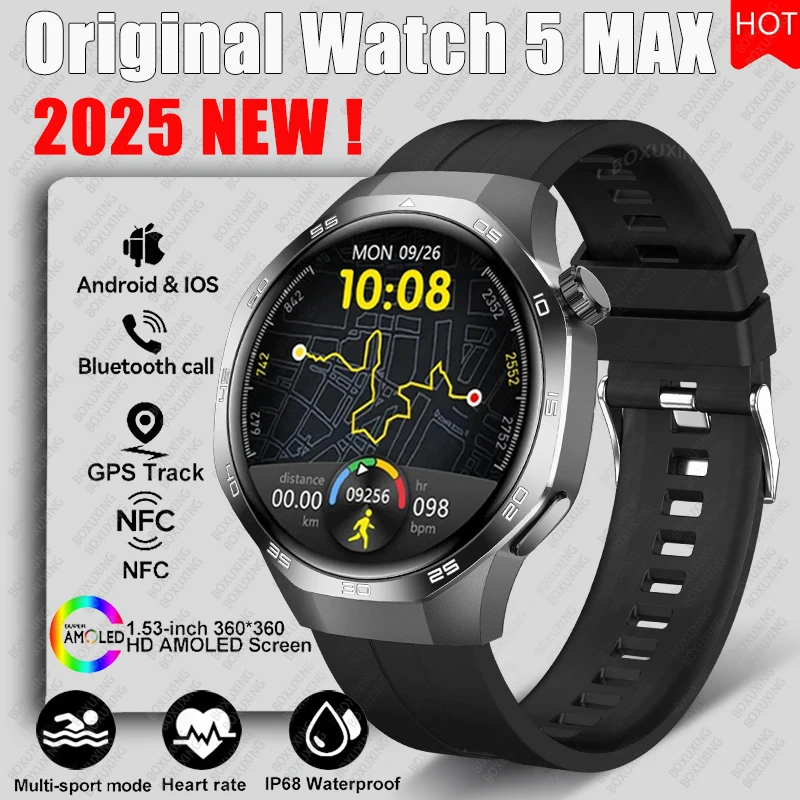 2025 New For Huawei Smart Watch 5 MAX HD AMOLED Screen NFC GPS Tracker Bluetooth Call Health Waterproof Smartwatch Men Women+Box