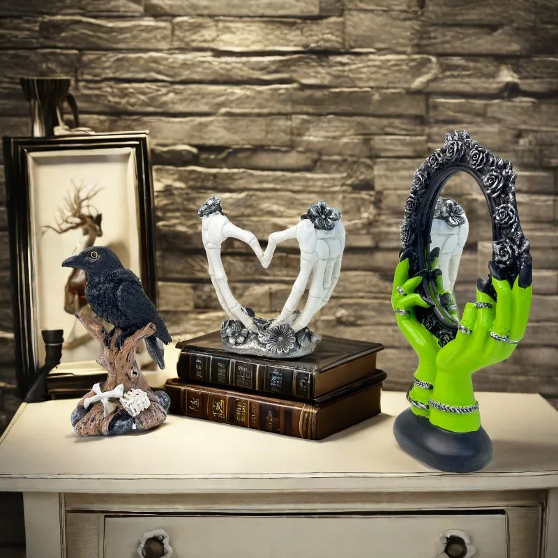 Halloween Magic Mirror Hand Ringing Bell Ghost Hand Sculpture Crow Figurines Ornament Home Room Decorations Halloween Gift