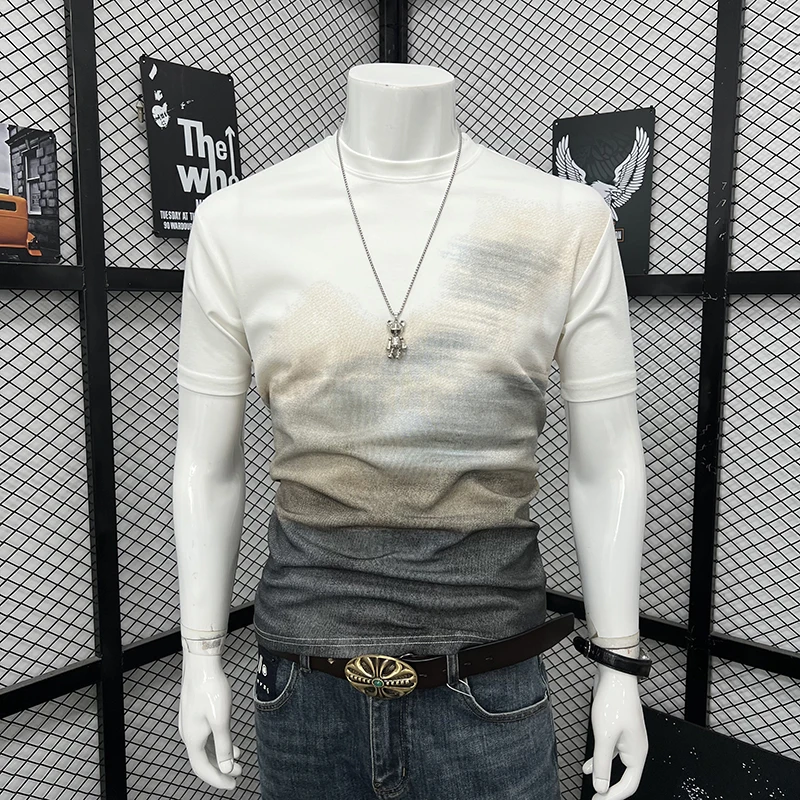 

New Arrival Men's Summer Color Block Gradient Print T Shirt Short Sleeve Cool Youth Trendy Versatile Crew Neck Loose Daily Tops