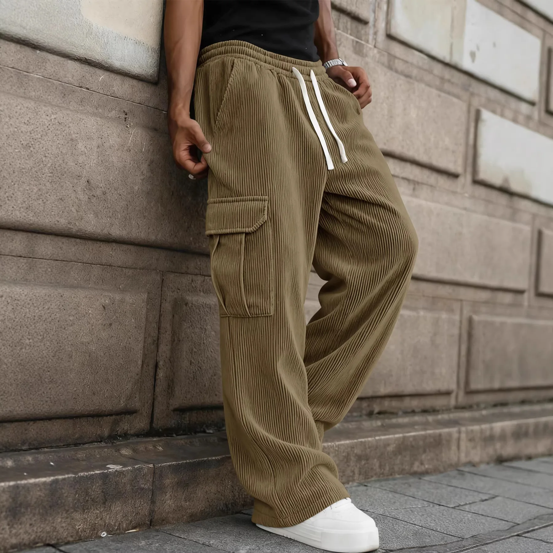 Spring New Men's Corduroy Casual Breathable Drape Multi-pocket Tooling Straight Trousers