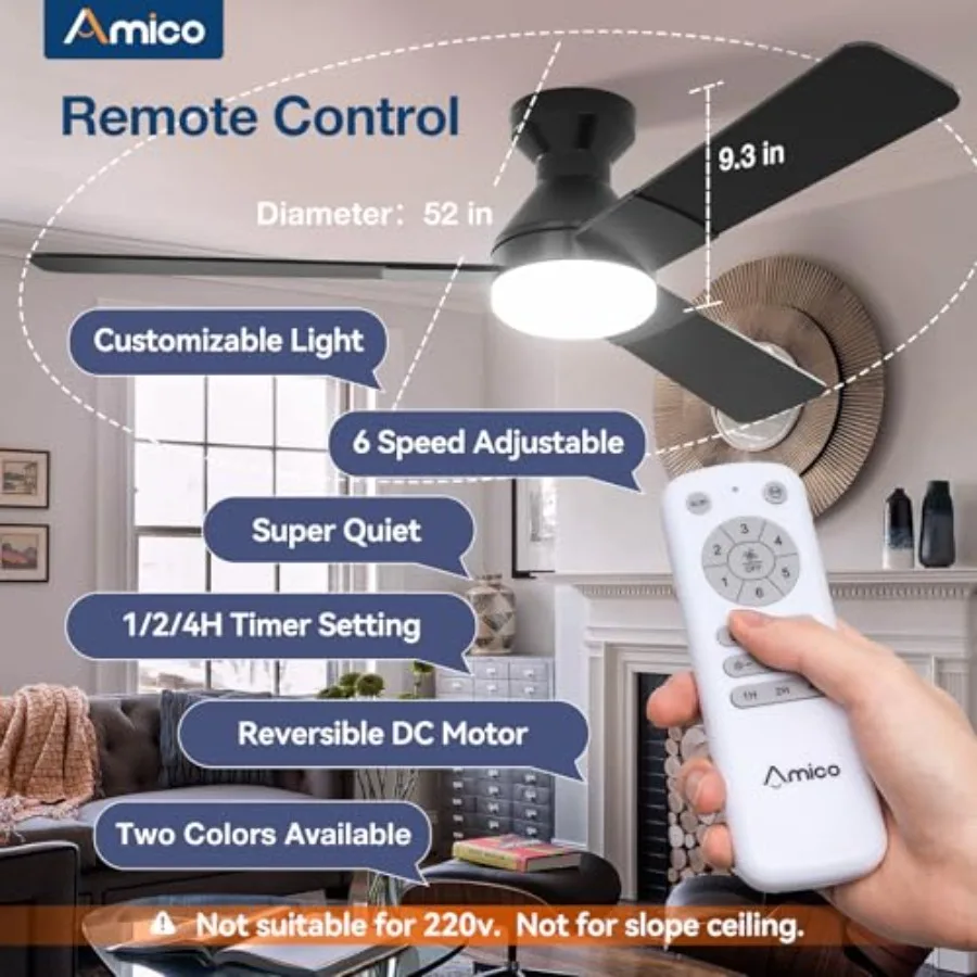 Bedroom ceiling fan with light, 52 inch low profile flush mount, black metal, 3CCT dimmable LED, reversible quiet operation, in