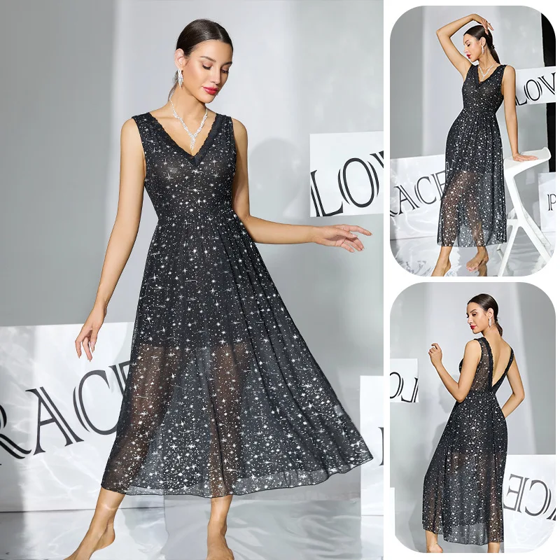 Light Luxury Starry Sky Shiny Mesh Nightdress Deep V Backless Waist Medium and Long Dating Atmosphere CW28996