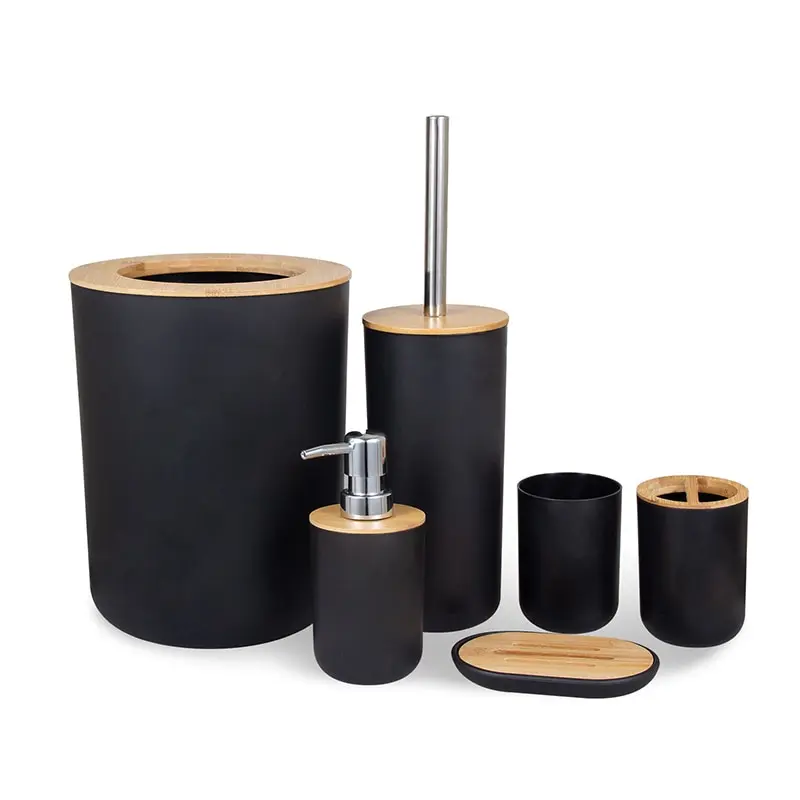 

Bathroom Accessories Set 6 Pieces Bamboo Room Toothbrush Holder Soap Dispenser Toilet Brush Trash Can Essential