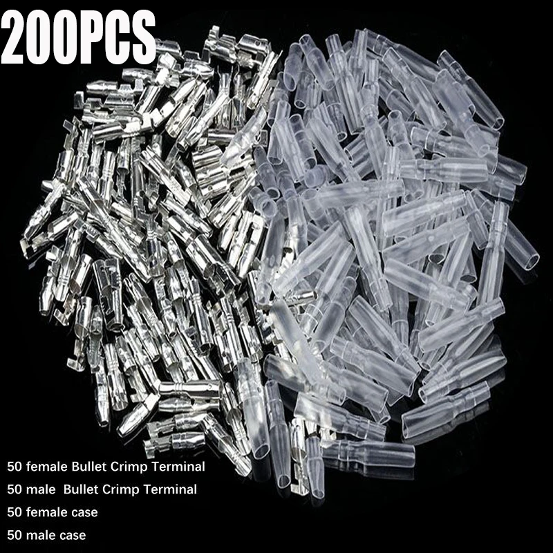 200Pcs 4mm Bullet Crimp Terminal Connectors Set Spade Connector 50 Female + 50 Male + 50 Case + 50 Case Wire Connectors Kit