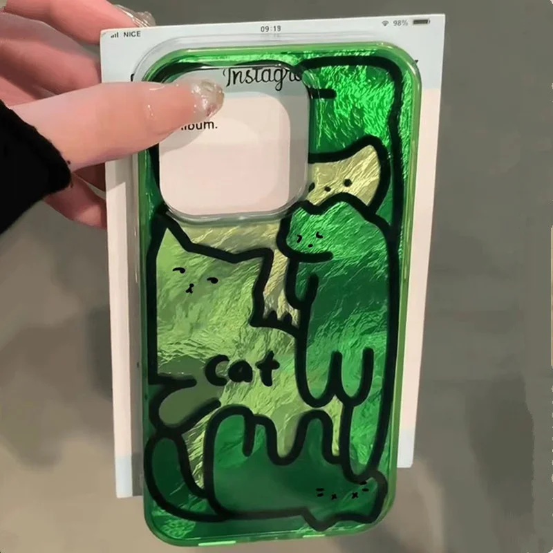 Cartoon Fun Green Line Cat Phone Case for IPhone 16 15 14 13 12 11 Pro Max XS XR X SE 7 8 Plus Lovely Animal Pattern Back Cover