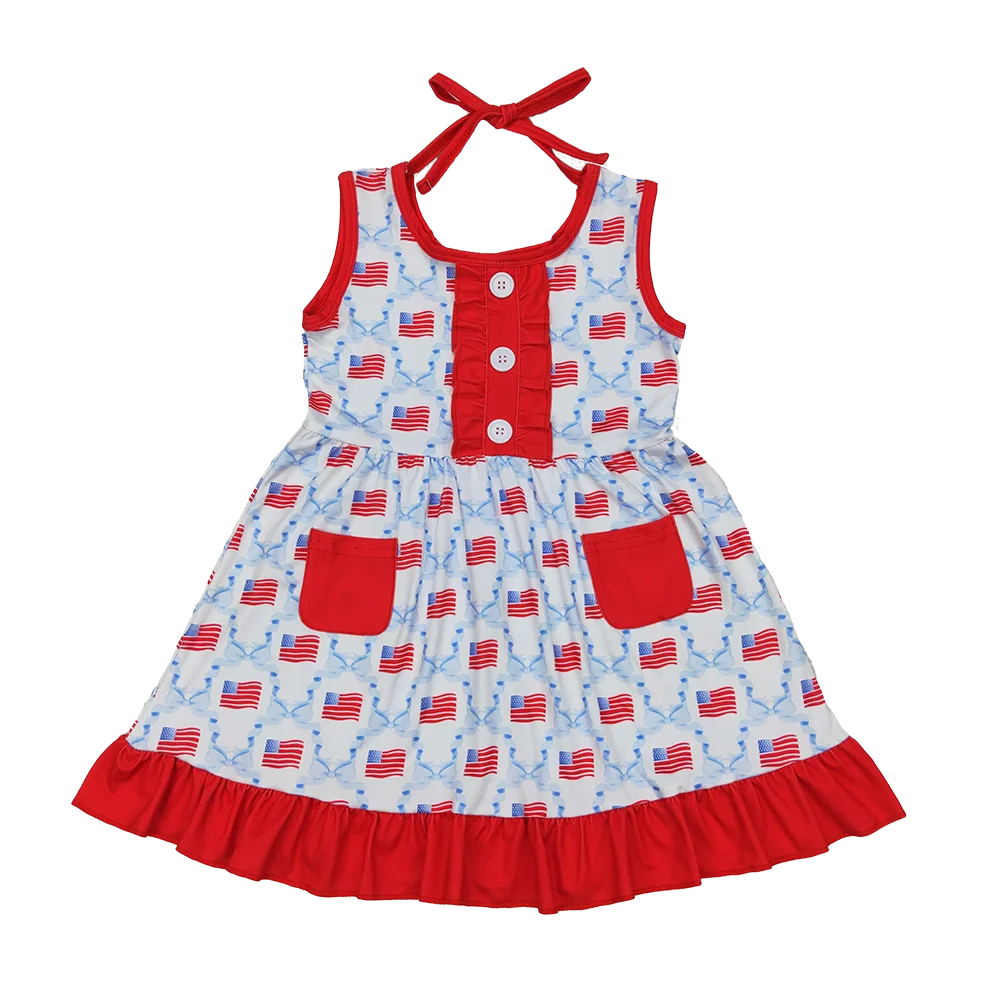 

GSD1625 Baby Girls 4th of July Flag Bows Pockets Knee Length Dresses