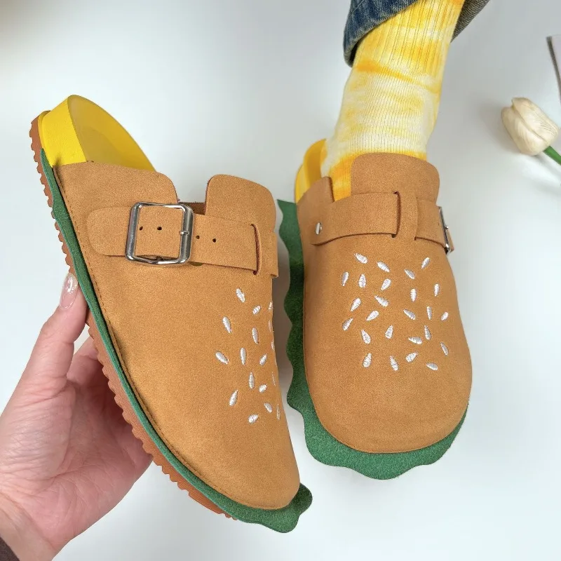 

Four Season Women Slipper Lady Wide Strap Hook-Loop Half Slipper Hamburger Head Slip-On Sandal Lazy Shoe Adult Flat Home Slipper