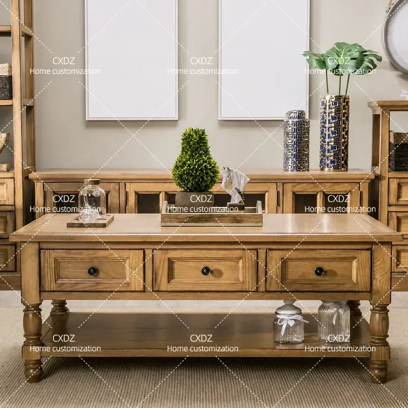 Country Solid Wood Coffee Table with Drawers Rectangular Living Room Tea Table Storage Side Table Retro Modern Style