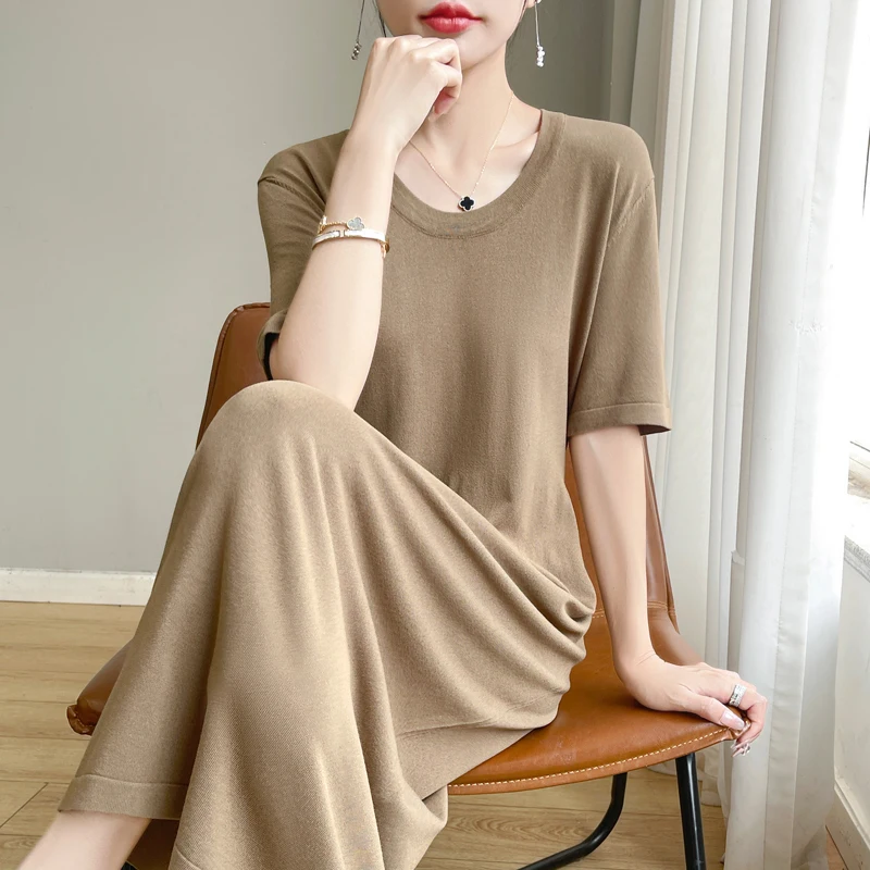 

Summer Women Ice Silk Crew-neck Knitted Dress 2024 New Relaxed Temperament Solid Color Long Knee-length Dress