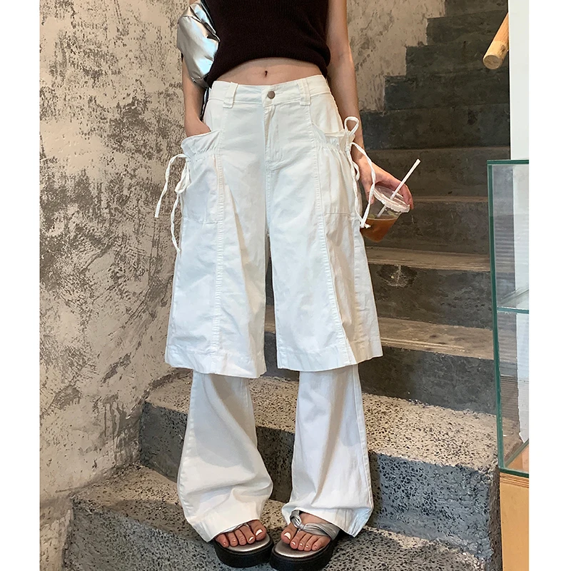 

S-3XL Washed Fake Two-Piece Jeans Women High Waist Wide Leg Loose Casual Denim Pants Fashion White Jeans Trousers