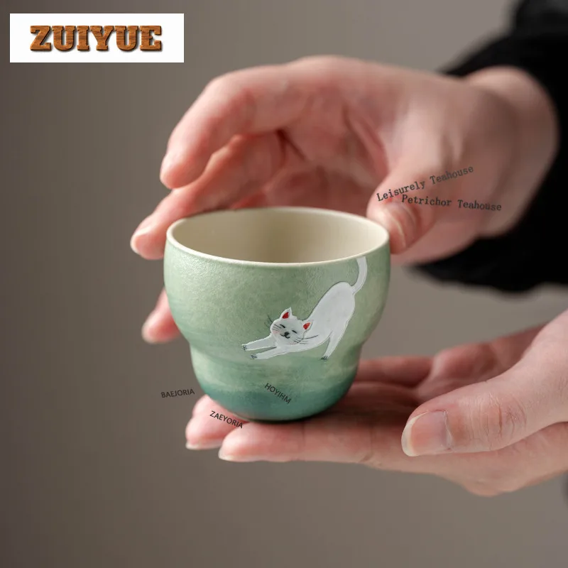 HOYIHM 100ml Hand-painted Cat Teacup Aesthetic Tea Bowl Cup for Tea Tea-tasting Meditation Cup Jianzhan Master Cups Tea Items
