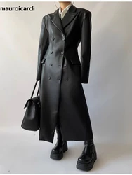 Mauroicardi Autumn Long Black Fitted Soft Pu Leather Trench Coat for Women Shoulder Pads Double Breasted Luxury European Clothes