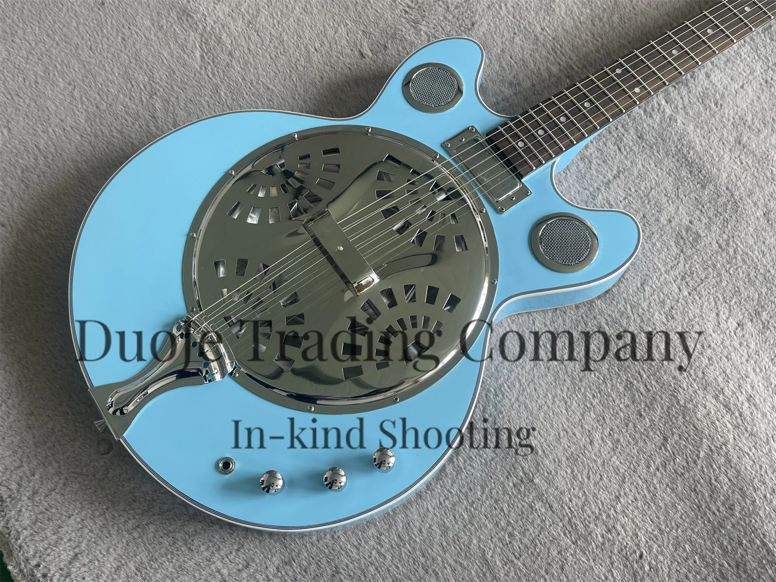 Resonant Electric Guitar Stainless steel housing Blue Hollow Guitar Rosewood fingerboard 22 frets Chrome tuners Rosewood fingerb