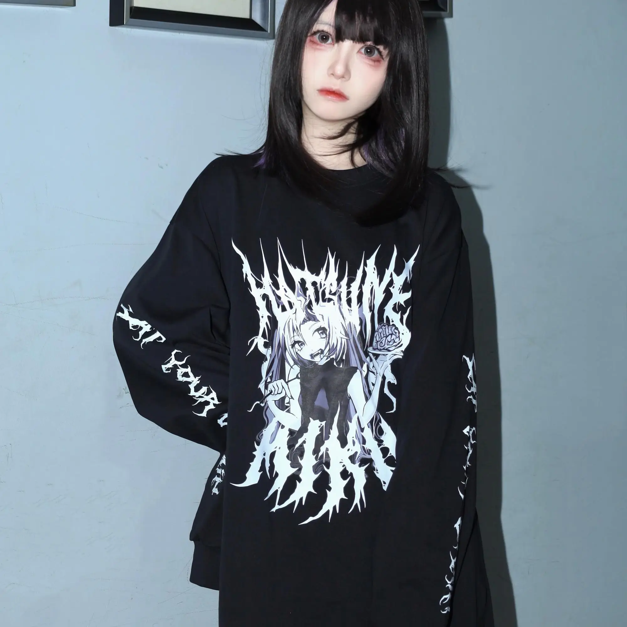 Gothic Harajuku Dark Mine Subculture Hoodies Women Cartoon Anime Print Loose Casual Long Sleeve Pullover Top Mujer Y2k Clothes