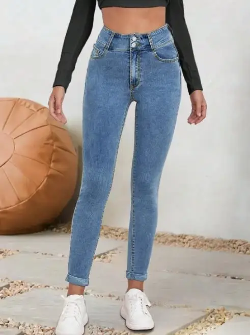 

Women's new minimalist daily style versatile straight leg slim fit solid color jeans with tight hems