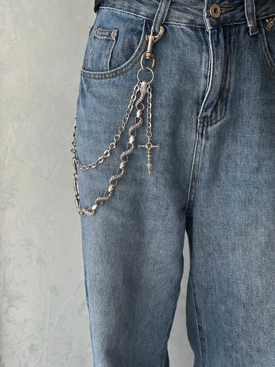 Gothic Y2K Snake Pattern Double-layer Pants Chain, Cross Pendant Jean Pants Chain, Unisex Metal Wallet Chain Streetwear