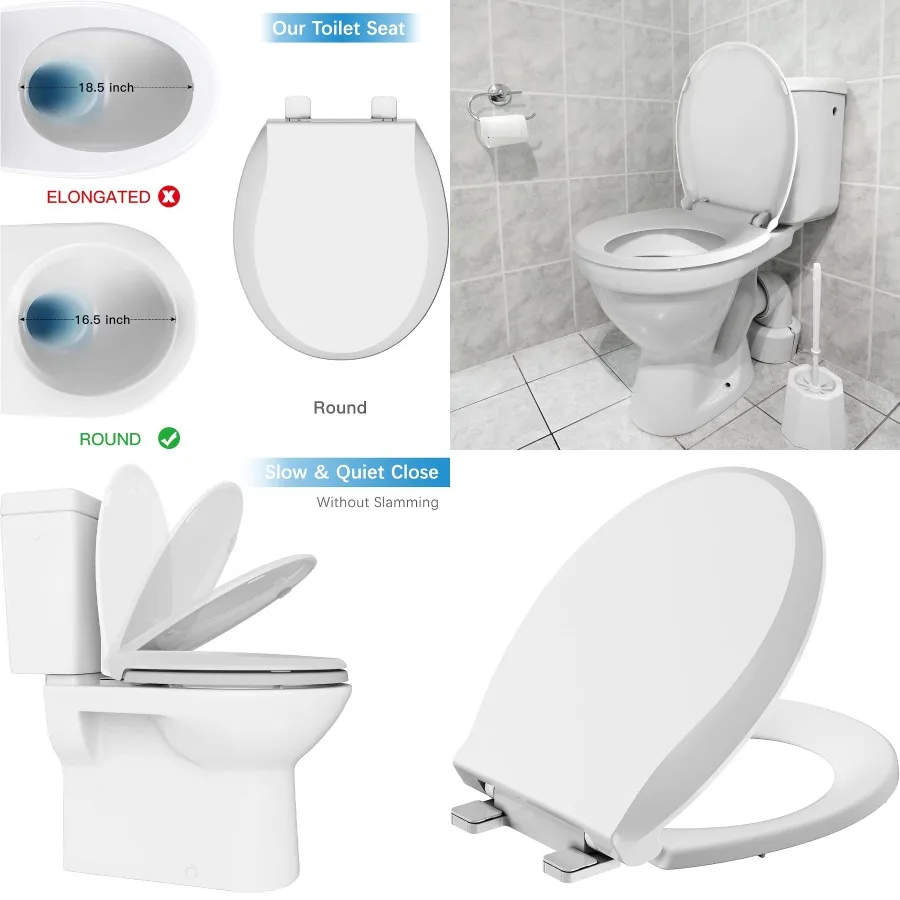 

17'' Soft Close Toilet Seat with Cover for Round Toilets Quiet Slow Close Mechanism Easy Installation and Release Safe PP Mater