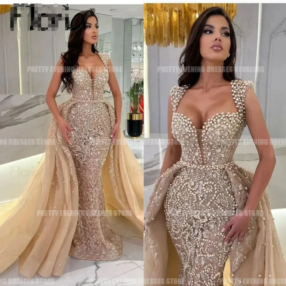 Vestidos de noite femininos em linha, elegantes vestidos sereia, miçangas sexy, 2 em 1, vestidos de baile para princesa formal