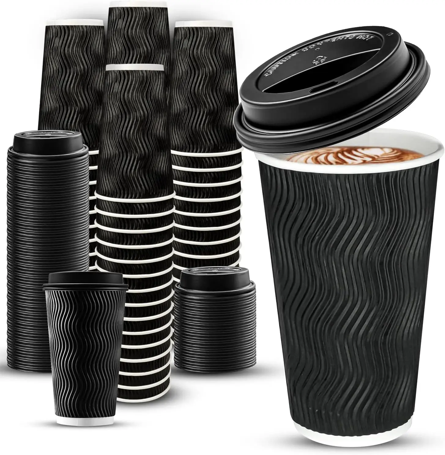 

100 Pack 16 oz Disposable Insulated Coffee Cups with Lids, Paper To-Go Coffee Cups for Coffee Bars