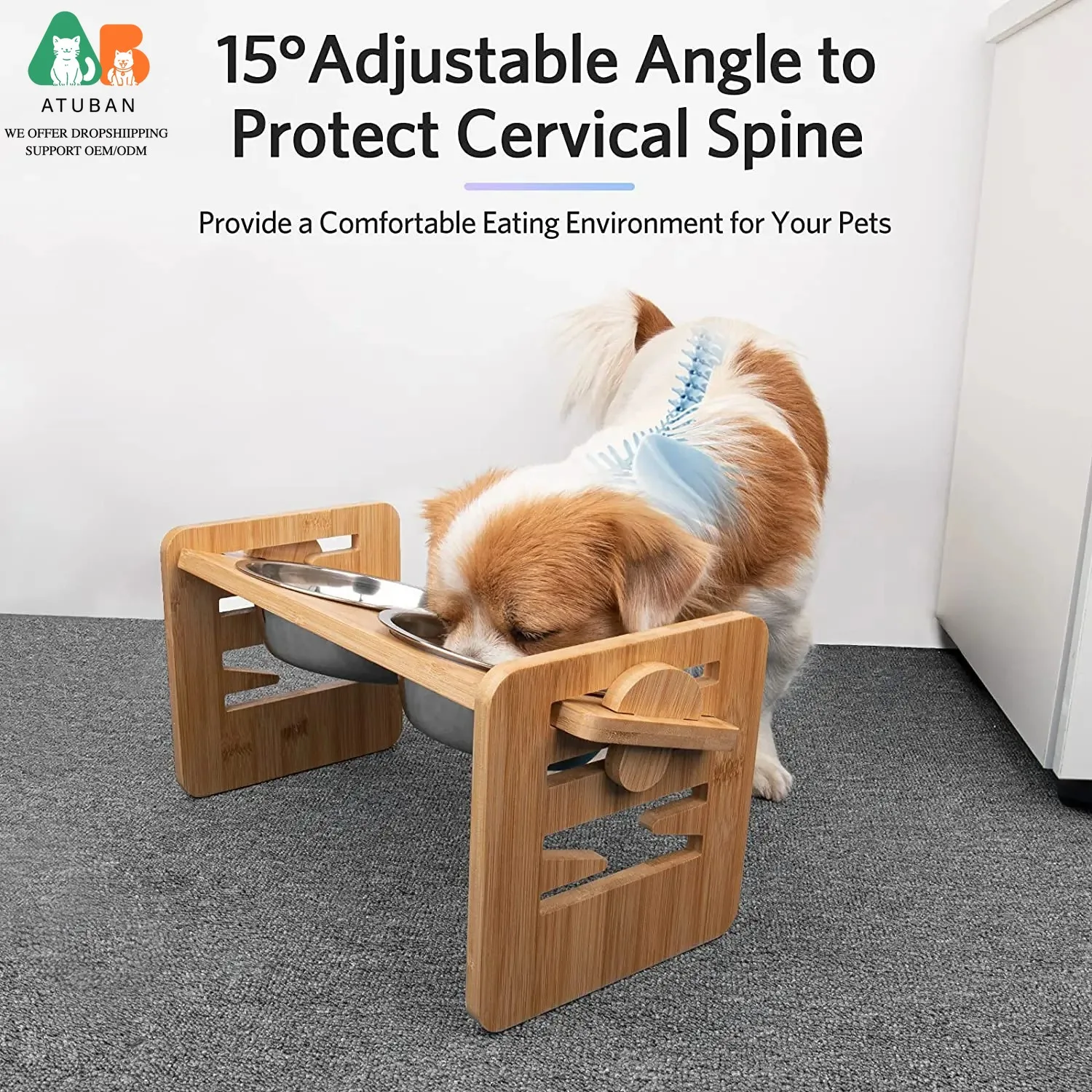 ATUBAN Bamboo Elevated Dog Bowls with Stand Adjustable Raised Puppy Cat Food Water Bowls Holder Rabbit Feeder for Pet Dog view 2