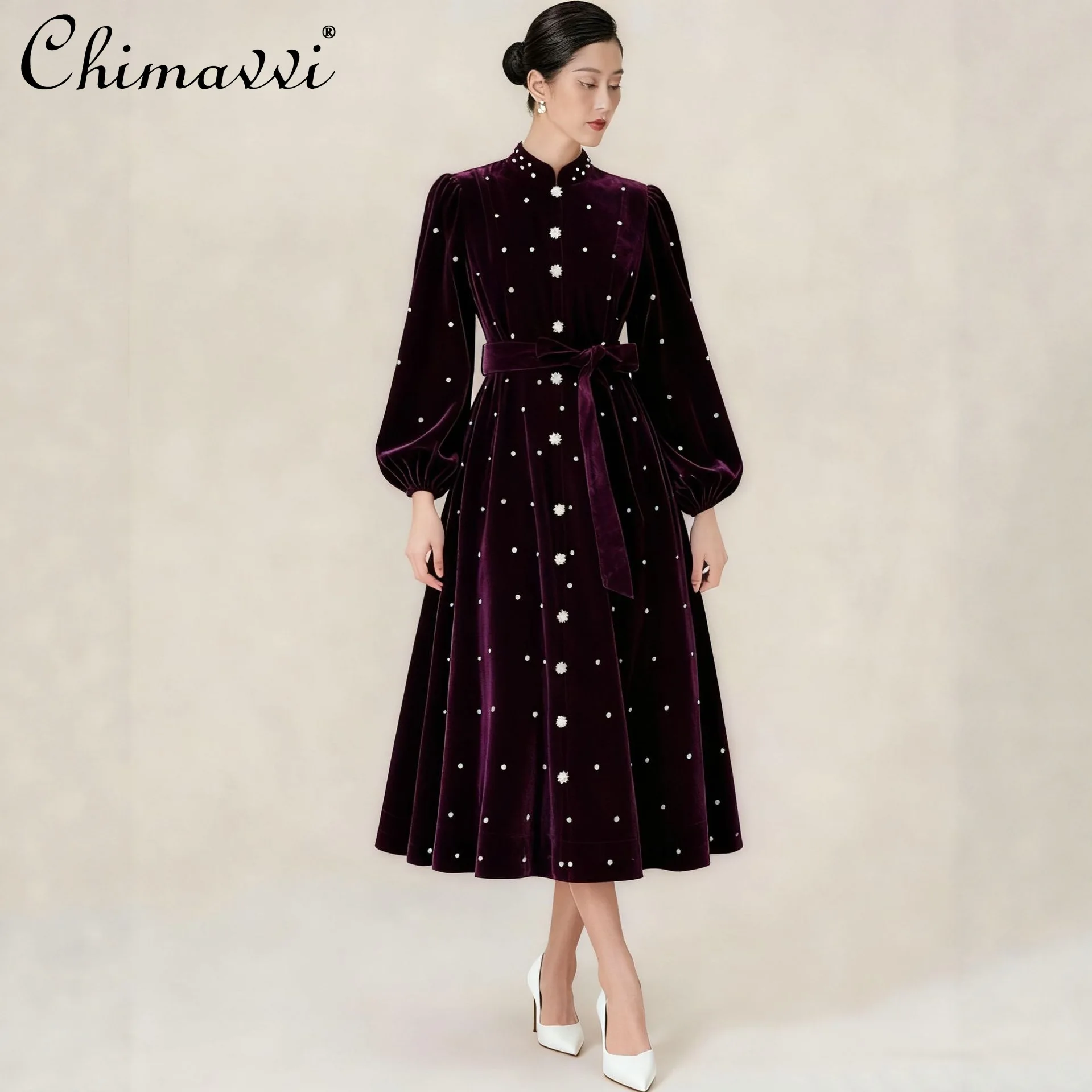 

French Elegant Retro Hepburn Style Velvet Evening Dress Diamond Stand Collar Puff Sleeves Single-Breasted Long Dress for Women