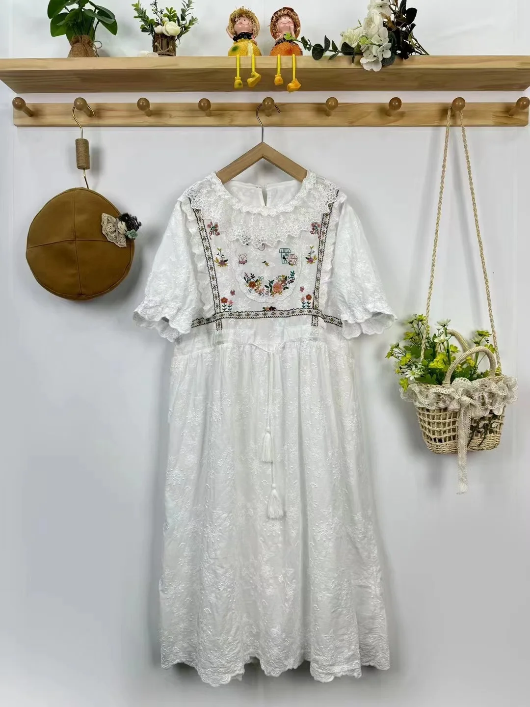 Kawaii Mori Girl Style Flower Embroidery Dress Women Summer Cute Vintage Doll Collar Short Sleeve A Line Beige Long Dress