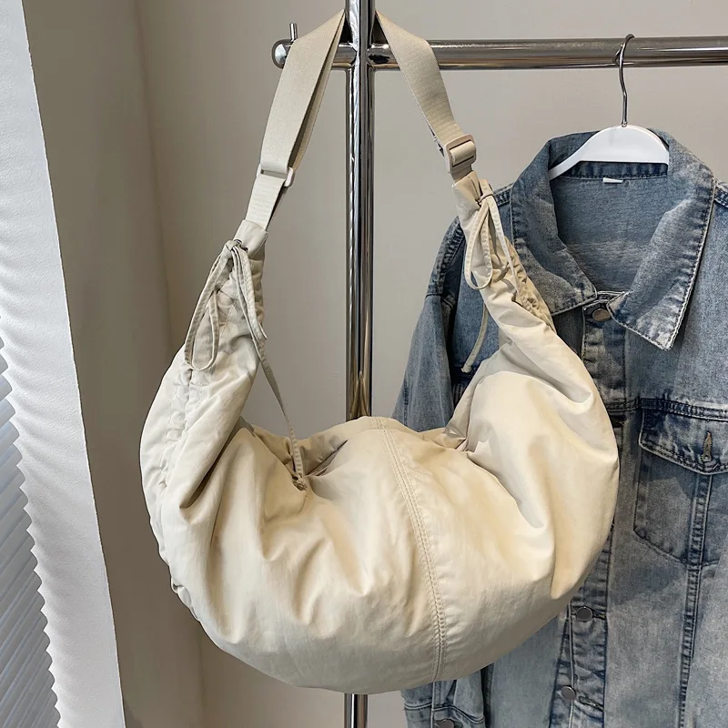 

Chic Soft Nylon Crossbody Bag with Gathered Strap Casual Drawstring Crescent Shoulder Purses for Women Everyday Large Tote Bag