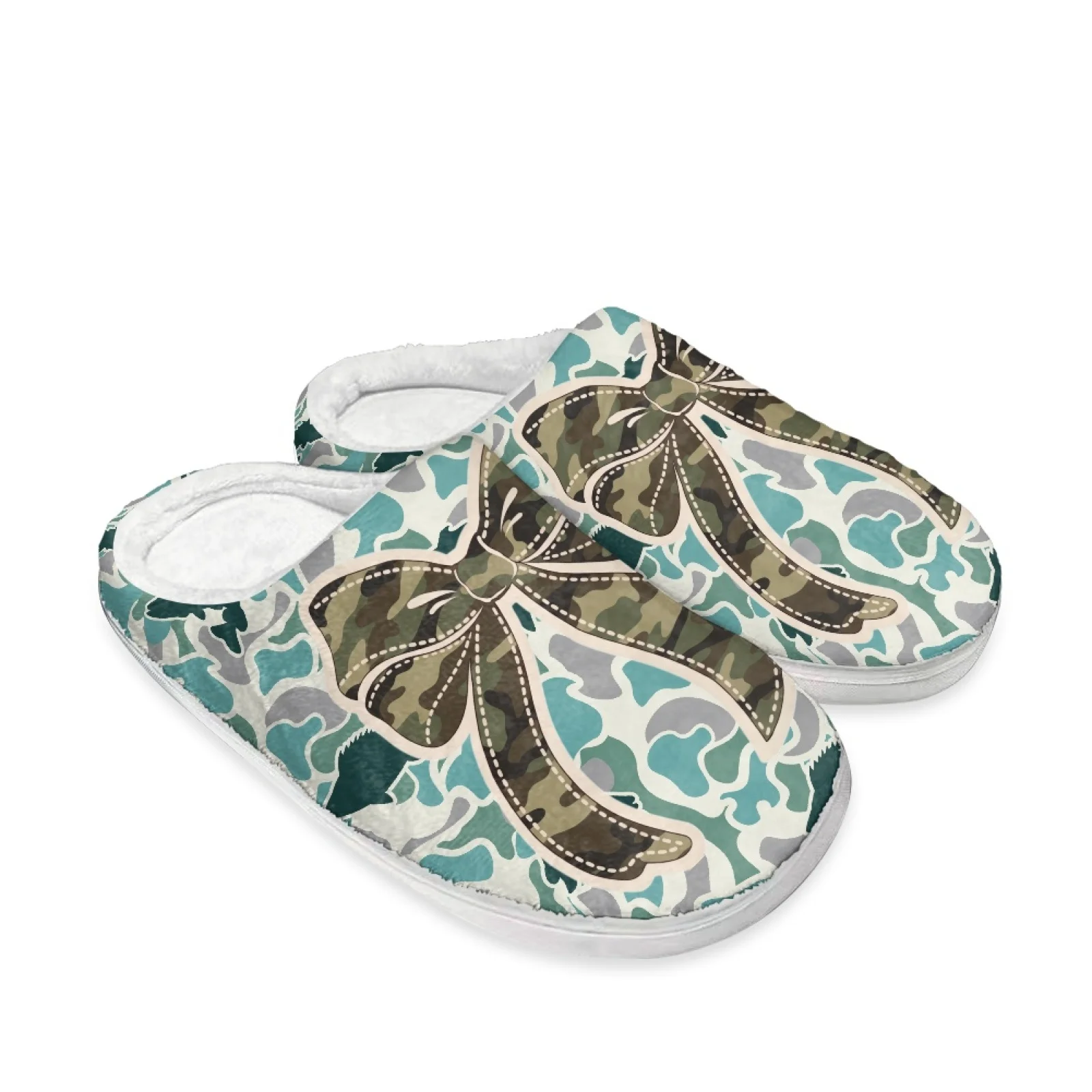 PENSTROLL Camouflage Bow Pattern Wide Width Plush Slides Cotton Slippers for Home Wfh Cozy Essentials Slippers