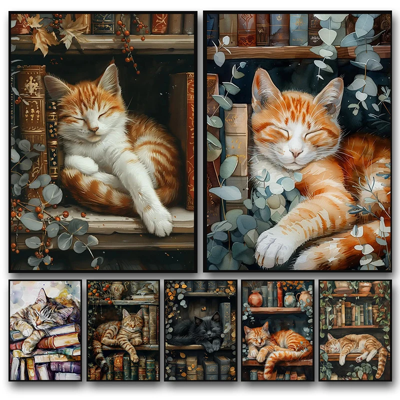 Cute Cat and Book Poster Vintage Bookish Stack Books Canvas Painting Print Wall Art Picture for Dark Academia Library Home Decor