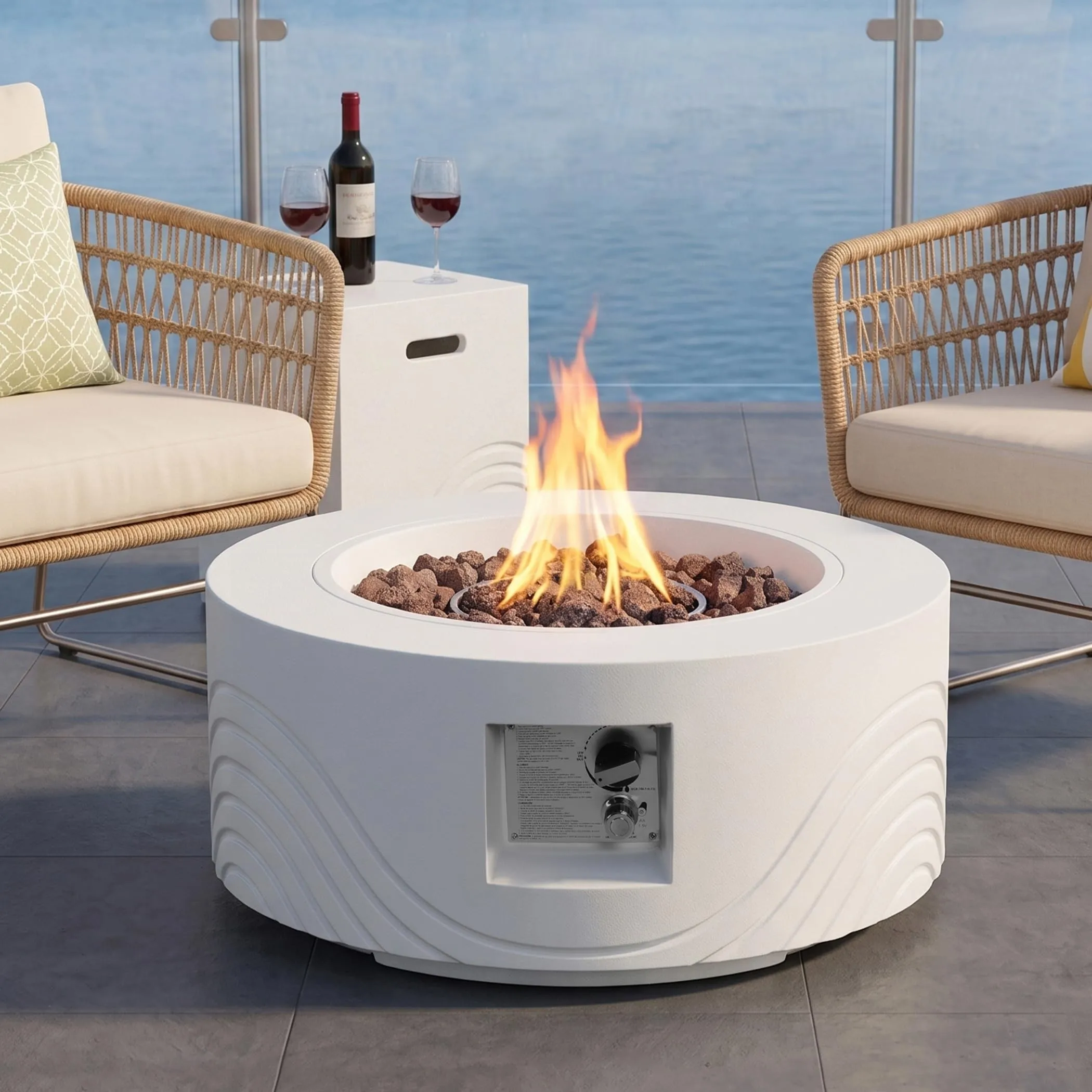 28” Round Propane Fire Pit Table w Tank Cover Concrete Outdoor Gas Fire Pit