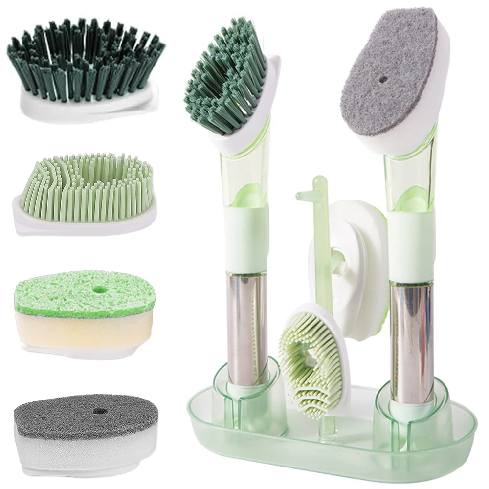 

Dish Brush with Soap Dispenser Kitchen Scrubber Set for Cleaning Pot Pan Sink with 4 Replaceable Brush Heads and 1 Holder,Green