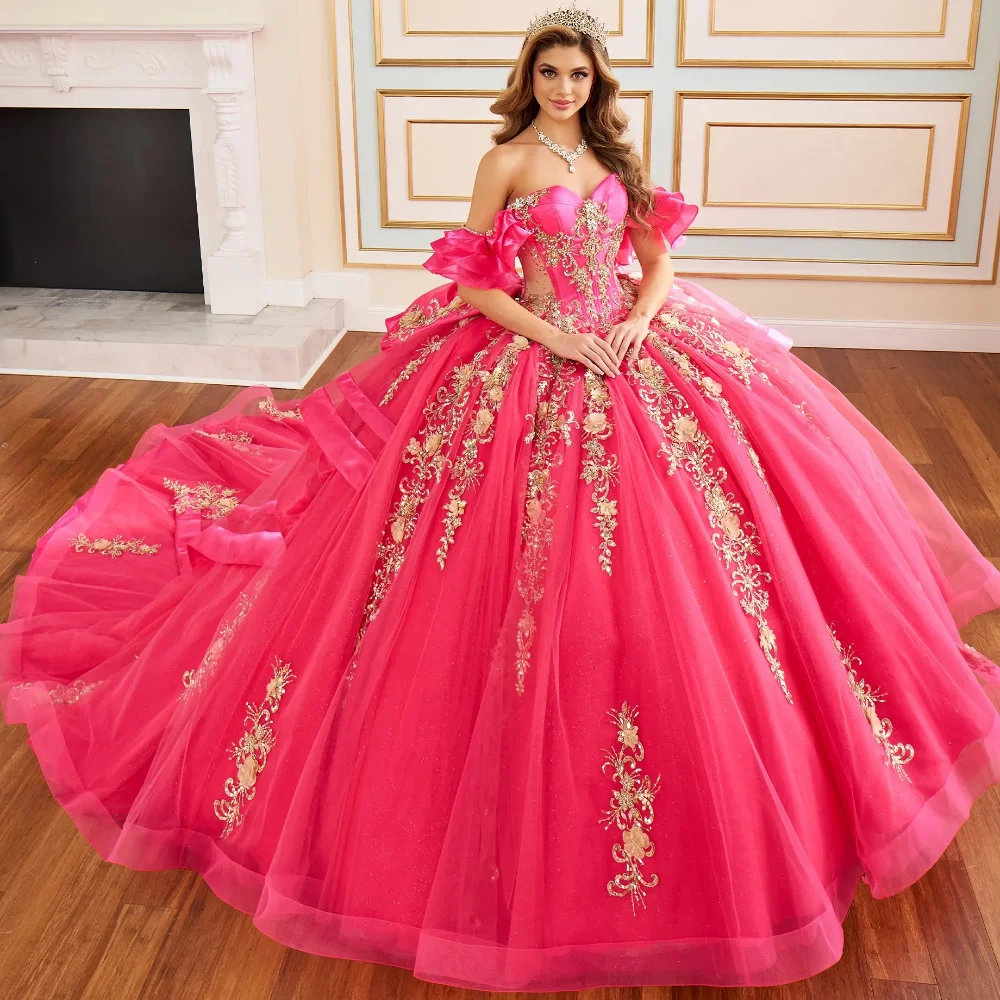 EVLAST Customized Sparkly Pink Quinceanera Dress Ball Gown Gold Lace Applique Beading Tiered Sweet 16 Vestido De 15 Anos E3Q214