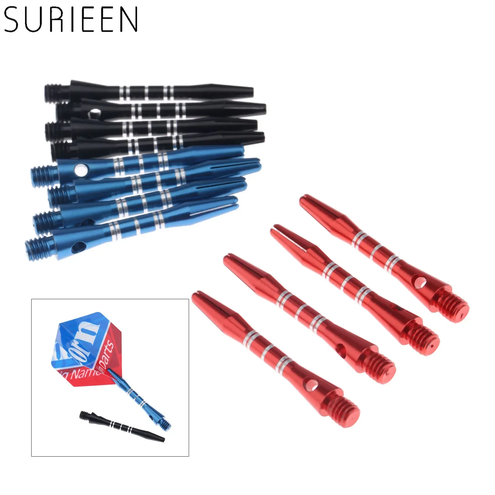 SURIEEN 12 Pcs / 1 Lot Aluminum Alloy Darts Shafts 35mm Aluminum Stem Shafts 3 Colors Black+Blue+Red 2BA Thread Dart Replacement