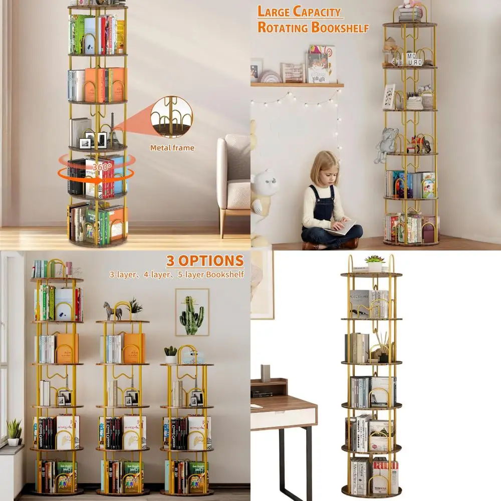 

Вращающаяся книжная башня с 5 полками для компактных помещений: Золотой угловой книжный шкаф для домашнего декора