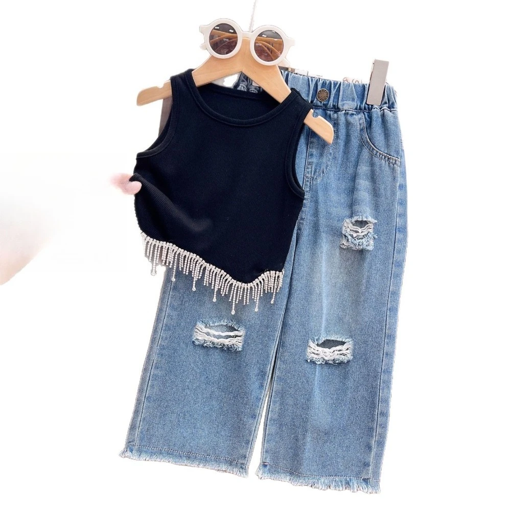 New Arrival Toddler Girl Fringe Vest Stylish Distressed Denim Trousers Casual Suit  for 100-140cm
