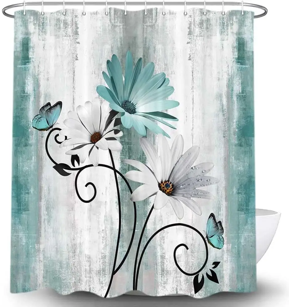 Rustic Farmhouse Shower Curtain, Farm Teal Daisy Floral Flowers and Butterfly on Country Wooden Shower Curtain for Bathroom