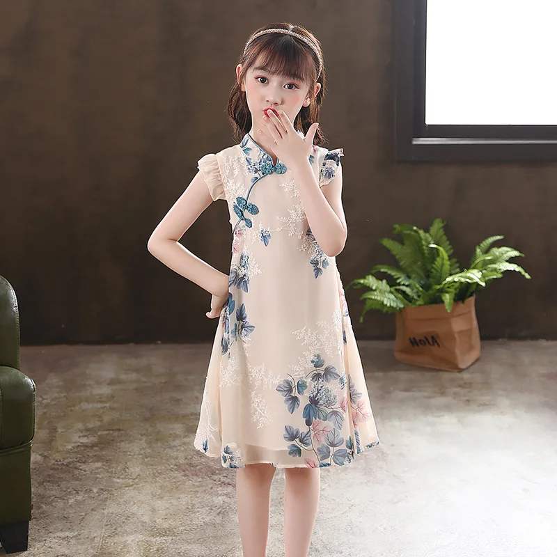 Kids Girl Floral Qipao Pink Dress Formal China Children Clothes Cute Toddler Kids Modern Cheongsam Birthday Gift Evening Dresses