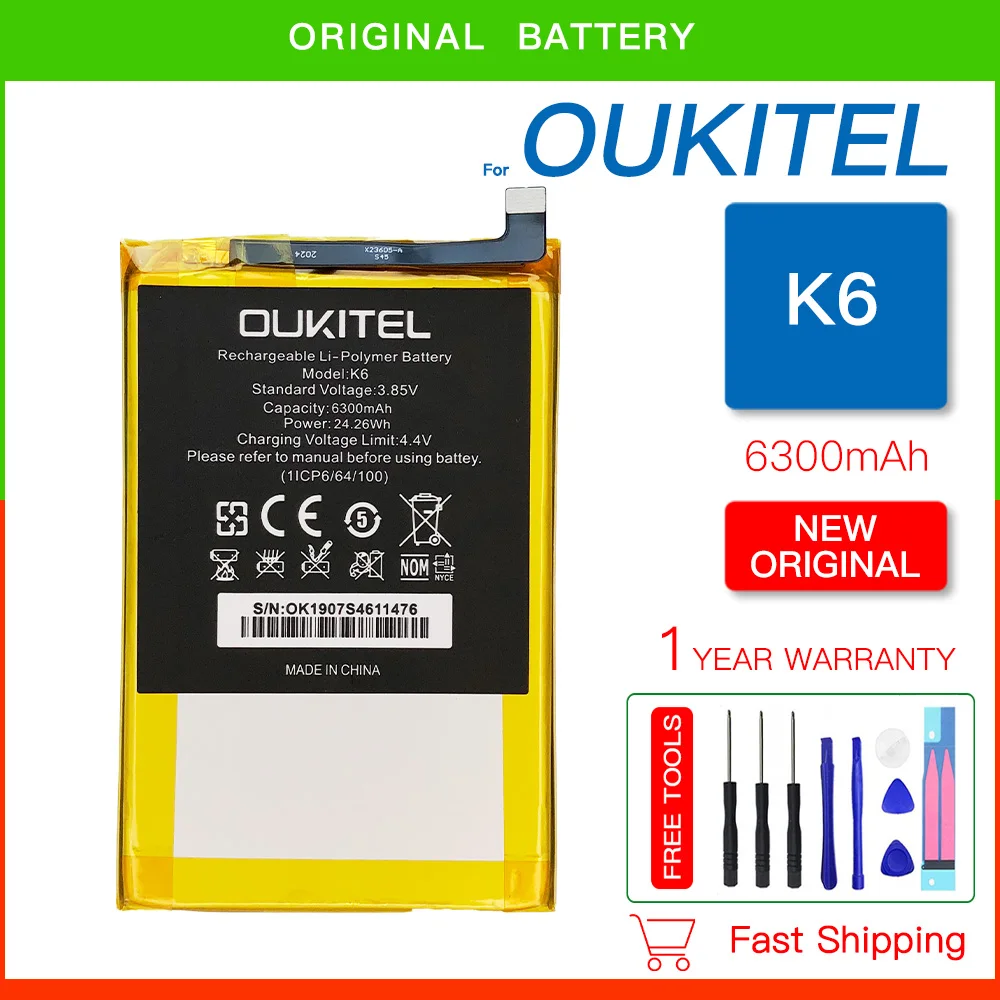 

100% Genuine Mobile phone battery New Original Battery For Oukitel K6 6300mAh Mobile Phone Batteria + FREE Kit Tools